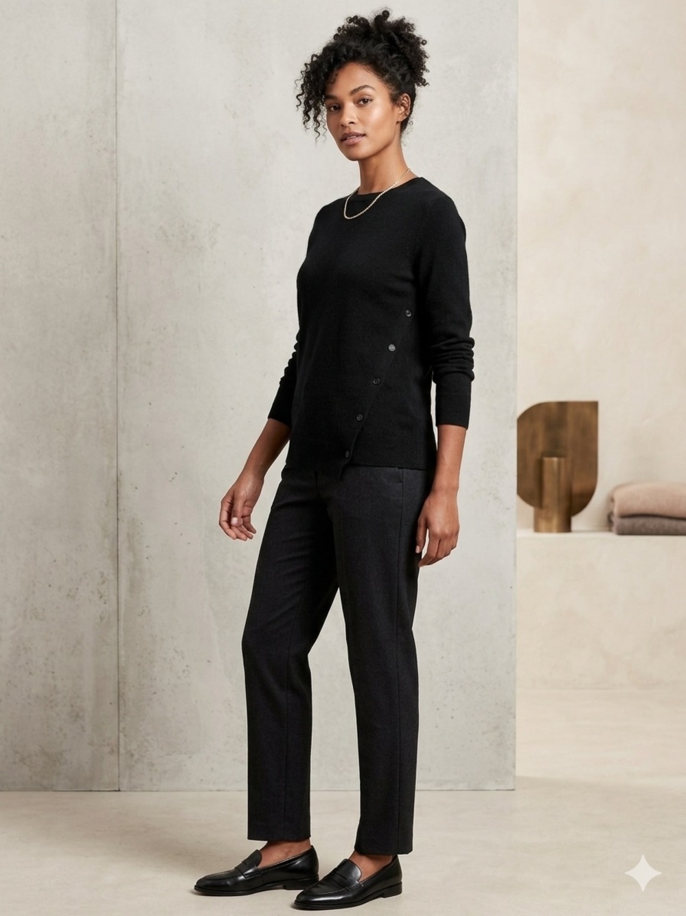 Brochu Walker black cashmere sweater asymmetrical button detail size medium.